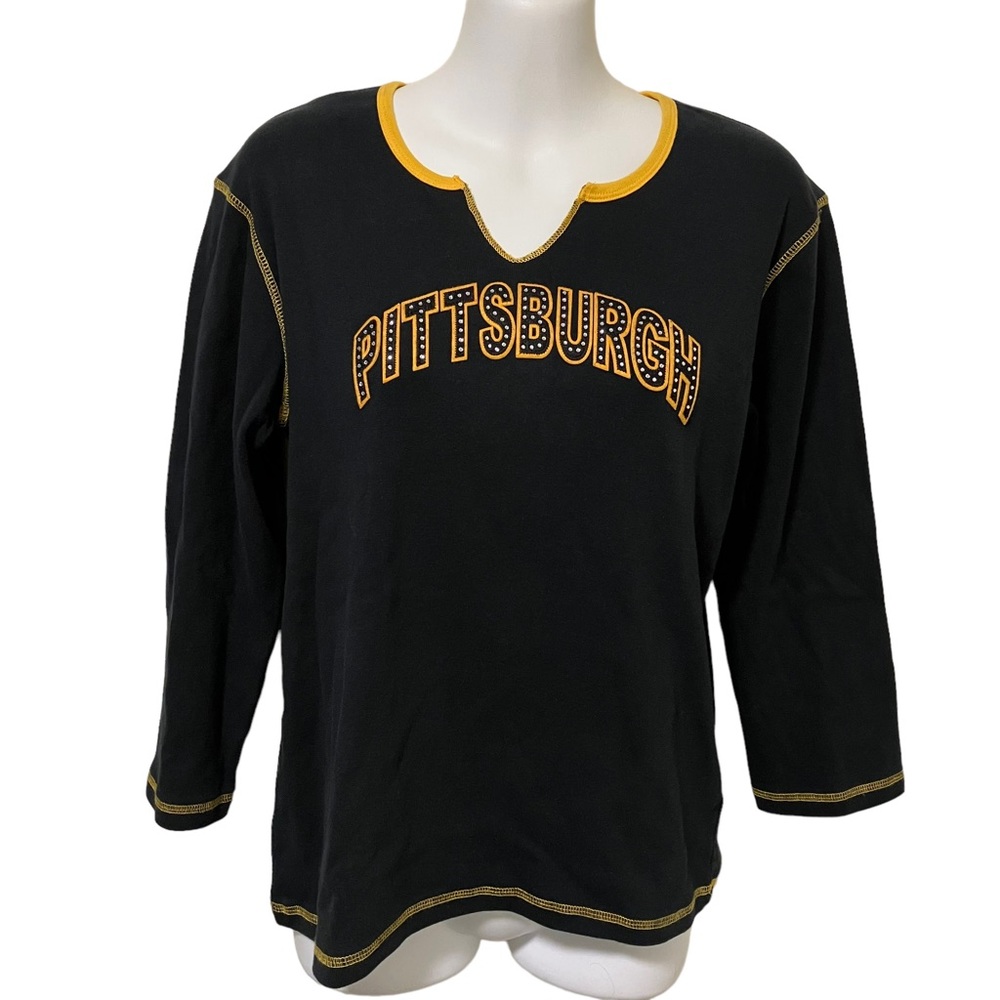 Pittsburgh Sports Steelers/Penguins/Pirates Black Embellished 3/4 Sleeve Top